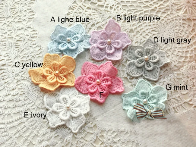 

5.5cm 2.16" wide 20pcs blue/pink/gray/ivory/yellow/mint/hot pink beads 3D flowers embroidery lace appliques patches L14M145