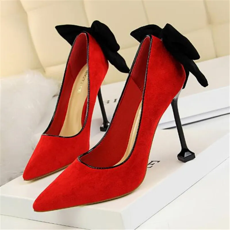 

2022 New Europe and The United States Sexy Thin High Heel Women Shoes Stiletto High Heel Suede Shallow Mouth Pointed Bow Shoes