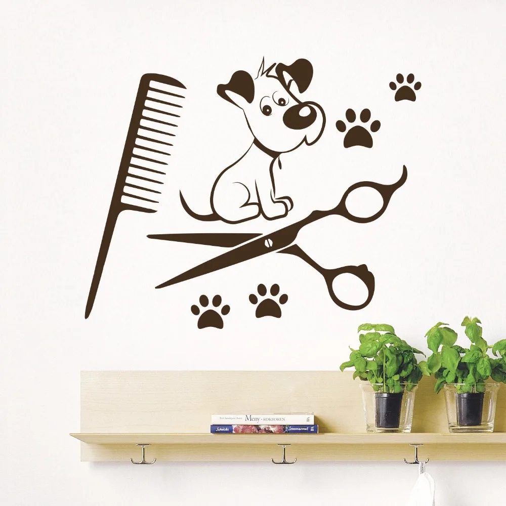 Dog Wall Stickers WALL DECALS PET GROOMING SALON DOG SCISSORS SHOP COMB VINYL STICKER DECOR Pet shop Home Decor Wallpaper D667