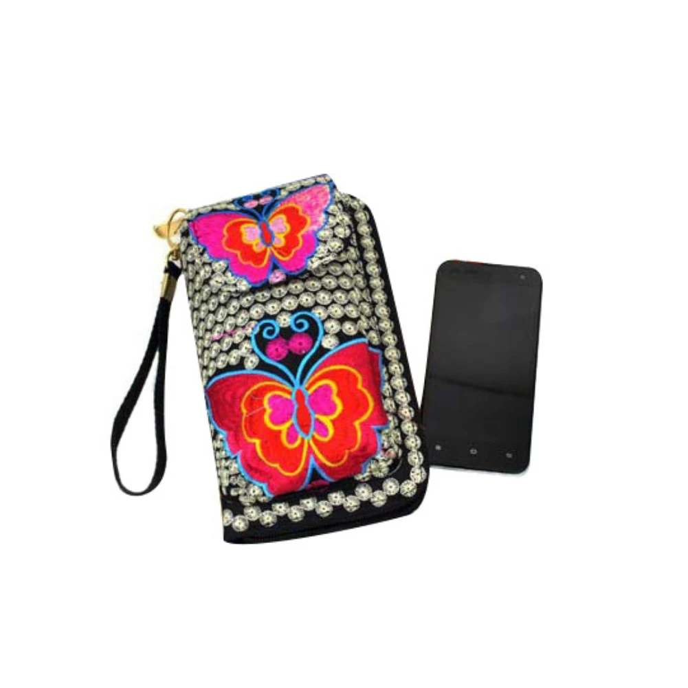 Women\'s Small Handbags Ethnic Butterfly Flower Embroidered Coin Purse Unisex Small Wallet Phone Bag Flower Clutches