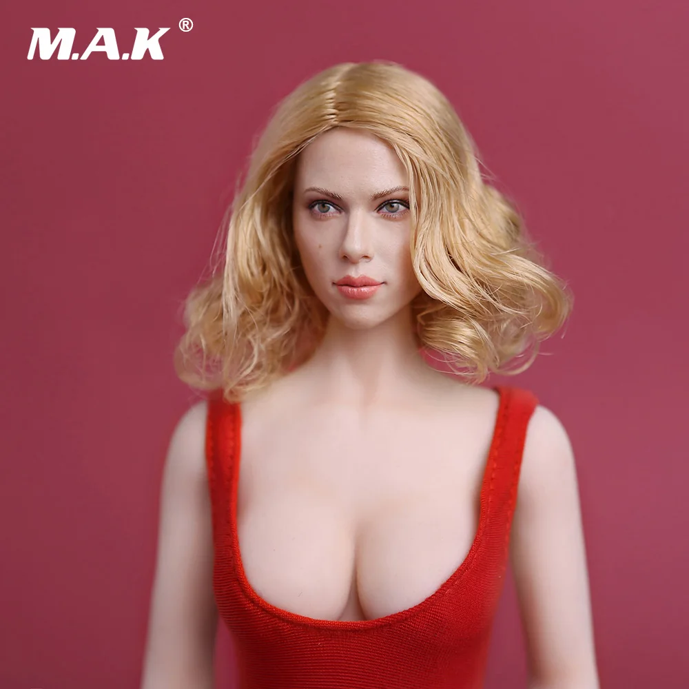 1/6 European Female Head  Scarlett Johansson Head Carving with Mole Short Blonde/Long Brown Hair for 12 inches Figure