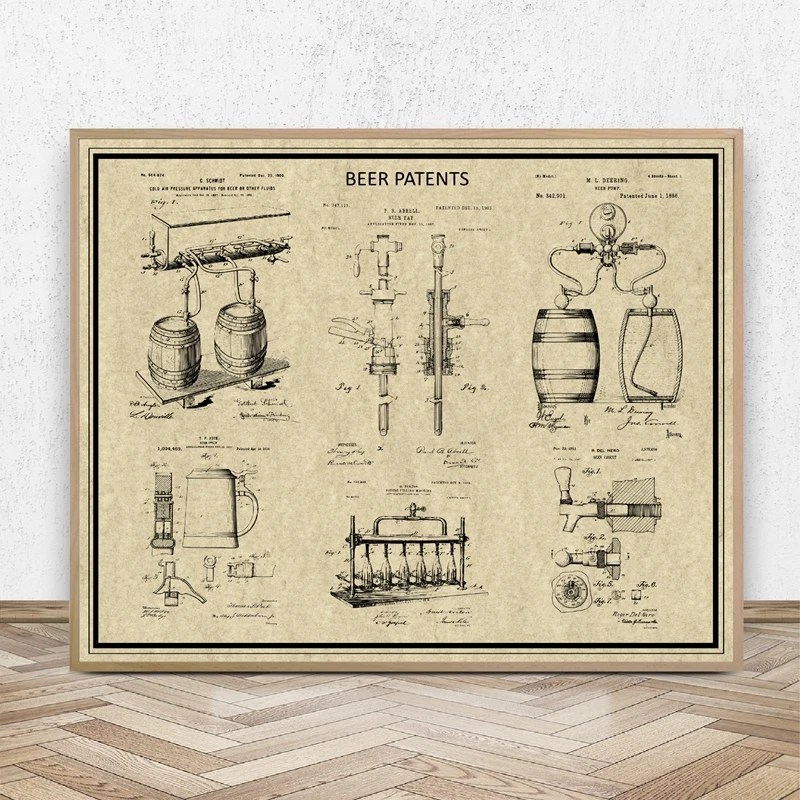 Beer Lover Gift Patent Prints Craft Beer Stein Mug Brewing Wall Art Posters Beer Tap Handle Blueprint Canvas Painting Bar Decor