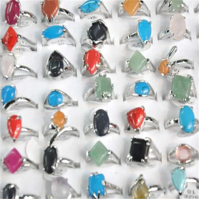 Wholesale 5Pcs Mixed Natural Stone Silver Color Vintage Tibetan Natural  Body Jewelry Hot SellingFor Woman Man Ring