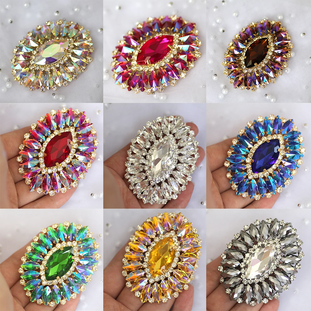 Oval shape Blue Rhinestone applique gold base red green sew on rhinestone strass crystal for Garments party dress decoration