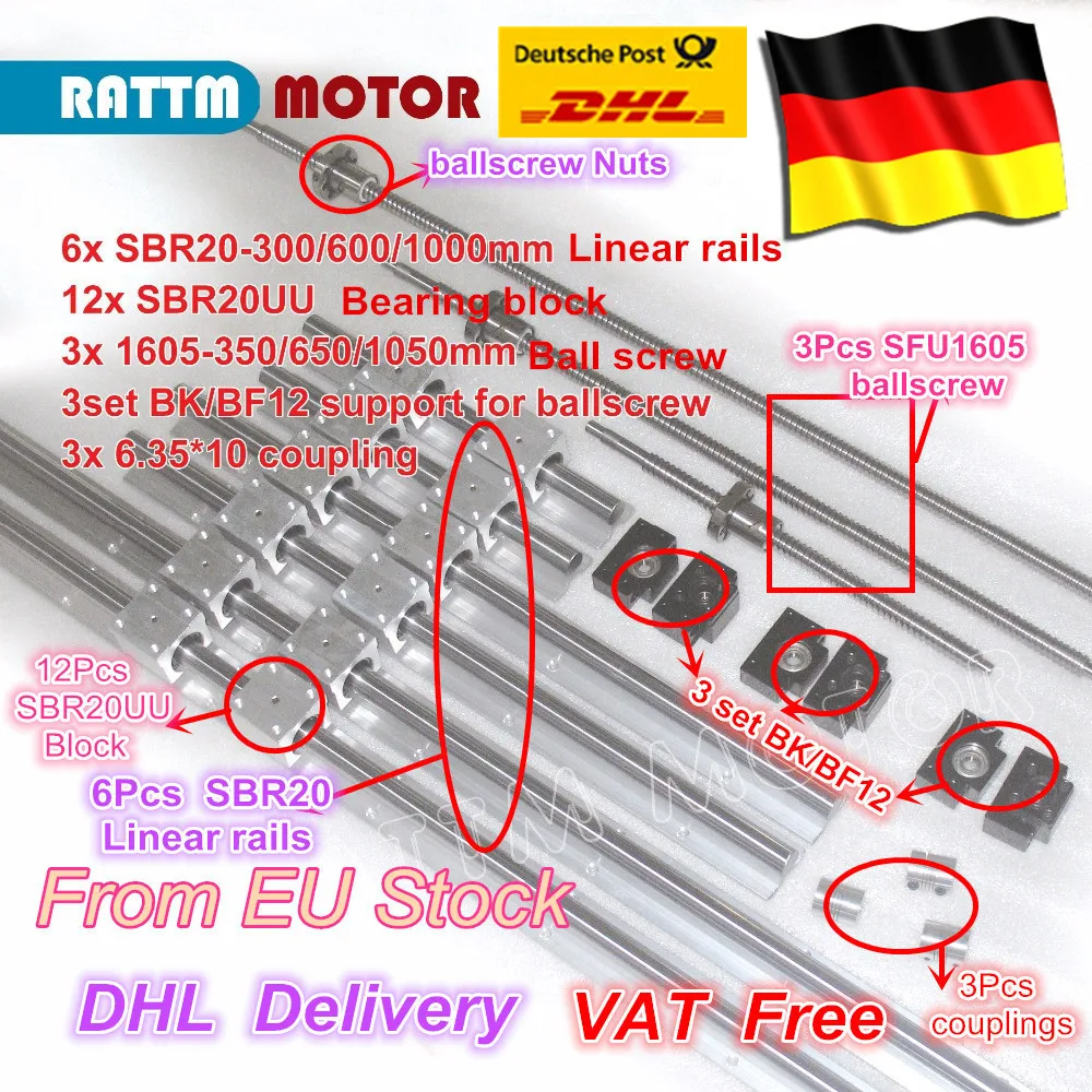 【 EU free VAT 】 3set ballscrew SFU1605-350/650/1050+3BK/BF12 & 3set BK/BF12 & 6pcs SBR20 Linear Guide rails & 3 couplers CNC Kit