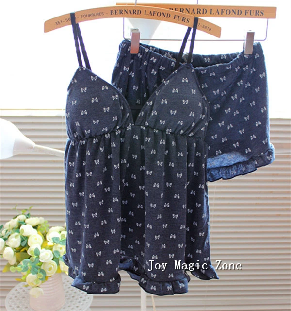 

yomrzl L601 new arrival summer sexy cotton women's pajama set spaghetti strap shorts set belt pad breast cup sleepwear