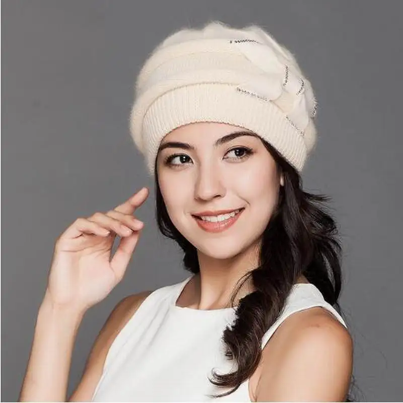 Women Knitted Hats Winter Thicken Double Layer Elegant Casual Rabbit Hair Blend Women\'s Hat Female Beanies M1527