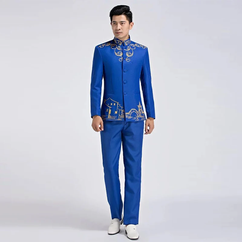 Zhong shan suits Jacket + trousers Choral Uniform fashion young man Chinese style suits Wedding Stand Collar Tang Clothing Male