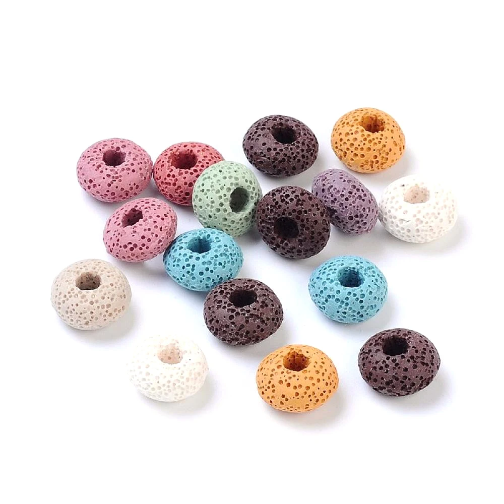 200pcs Rondelle Lava Stone European Beads No Metal Core Spacer Large Hole Beads about 15mm in diameter, 9mm thick, hole: 5mm