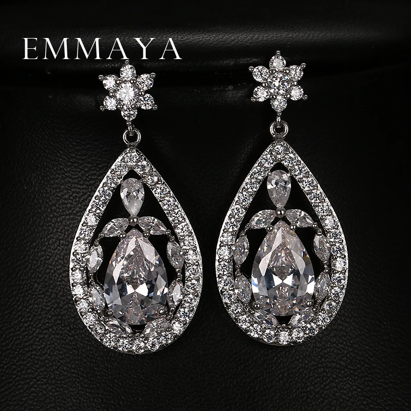 Emmaya Luxury Water Drop Shape Flower Clear Big CZ Bridal Crystal Wedding Earrings For Brides Fashion Spring Jewelry