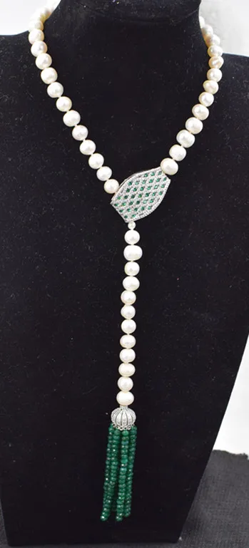 

freshwater pearls white near round 8-9mm and green jade faceted tessel zircon hook necklace 38" nature beads FPPJ wholesale