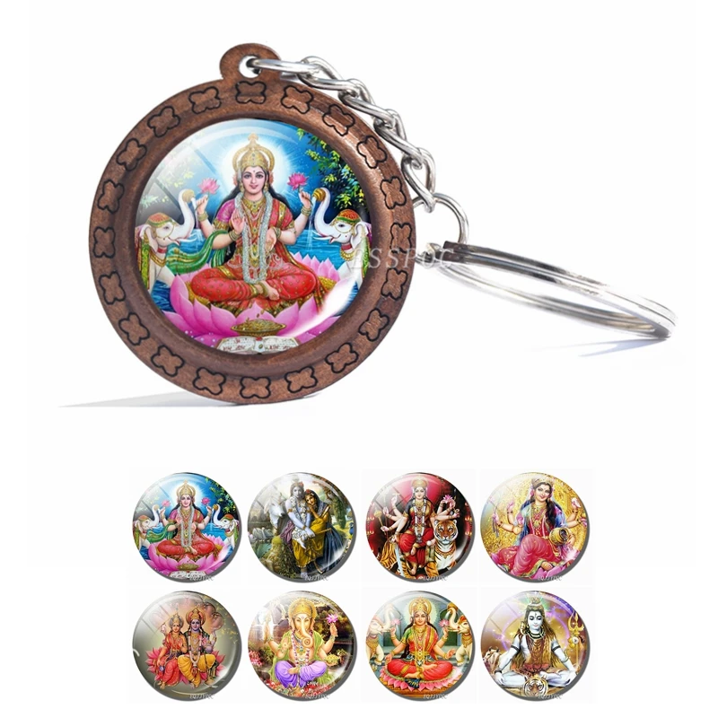 Shiva and Ganesh Glass Cabochon Wooden Keychain Wood Pendant Car Key Holder Hinduism Jewelry Fashion Accessories for Men Women