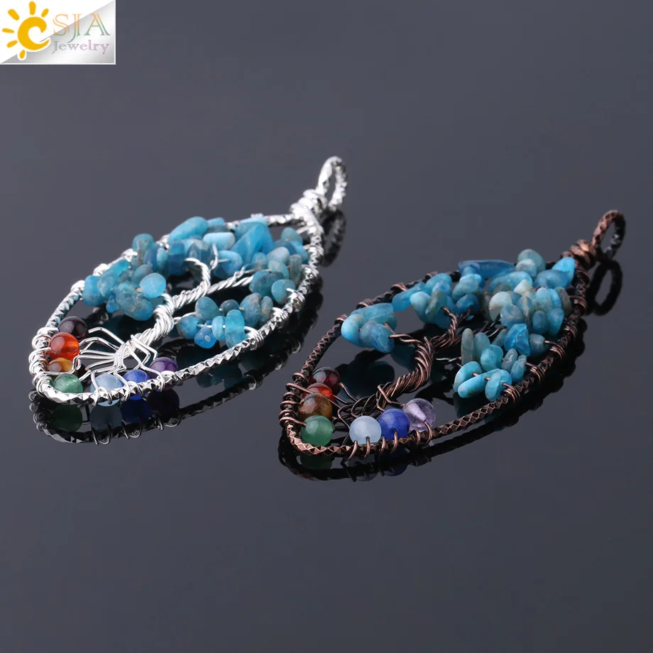 CSJA Healing 7 Chakras Tree of Life Pendants Natural kyanite Gem Stone Chip Beads Antique Silver Color Wire Wrap Jewelry F825
