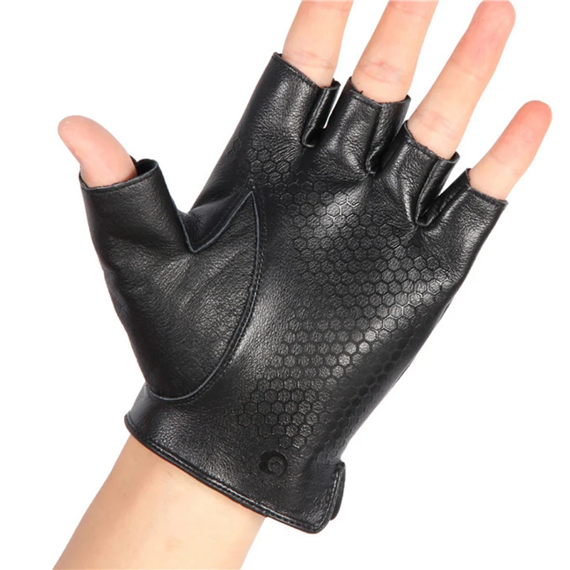 Men\'S Leather Half Finger Gloves Locomotive Driving Non-Slip Fitness Cowhide Gloves Men NAN48-5