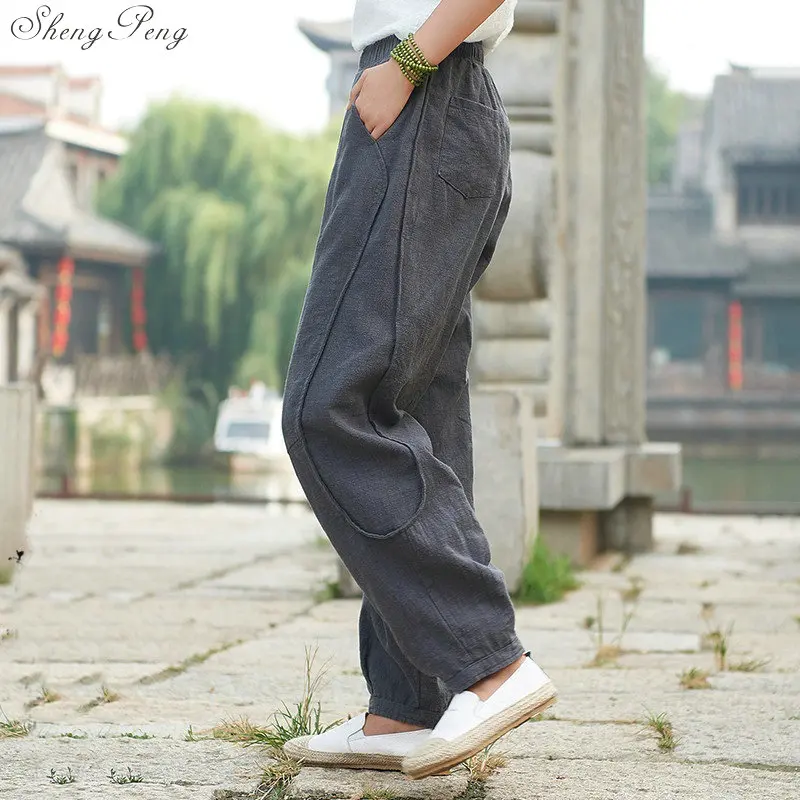 Autumn Solid Color Pockets Loose Pants 2019 New Women Vintage Elastic Waist Cotton Linen Wide Leg Full Length Pants Q801