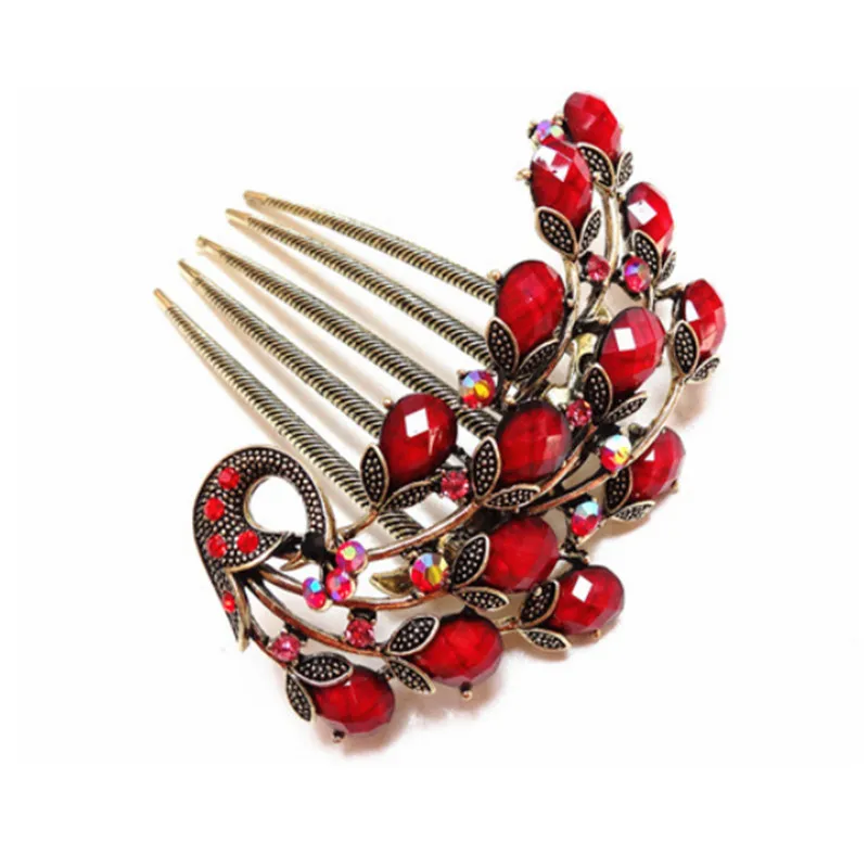 Top Quality 5 Color Resin Crystal Beautiful Peacock Hair Combs Wedding Hair Jewelry Retro Gold Color Hairpin For Women Girl Gift