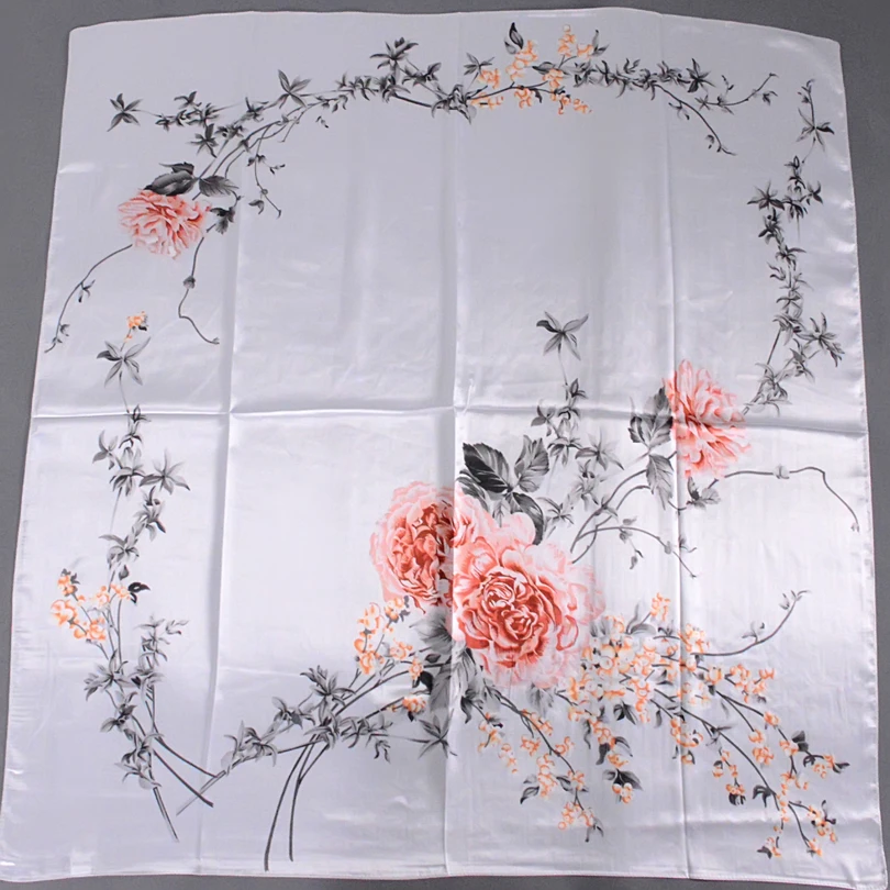 [BYSIFA] Chinese Silk Scarves New Women Winter Plaid Satin Square Scarves 90*90cm Grey White Floral Female Hijab Scarves Stoles