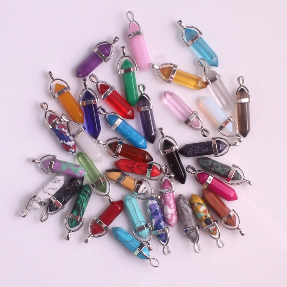 

24pcs/lot Healing Point Chakra Pendants Hexagonal Quartz Crystals Bullet Shape Stone DIY Pendulum Beads For Jewelry Making Free