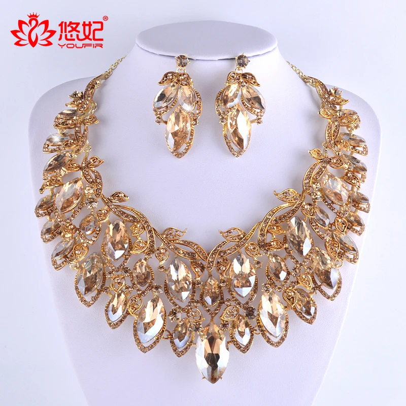 Gorgeous Champagne Color Jewelry Sets For Bridal Wedding Party Necklace And Earrings  Dubai Fashion Big Dress Accessories