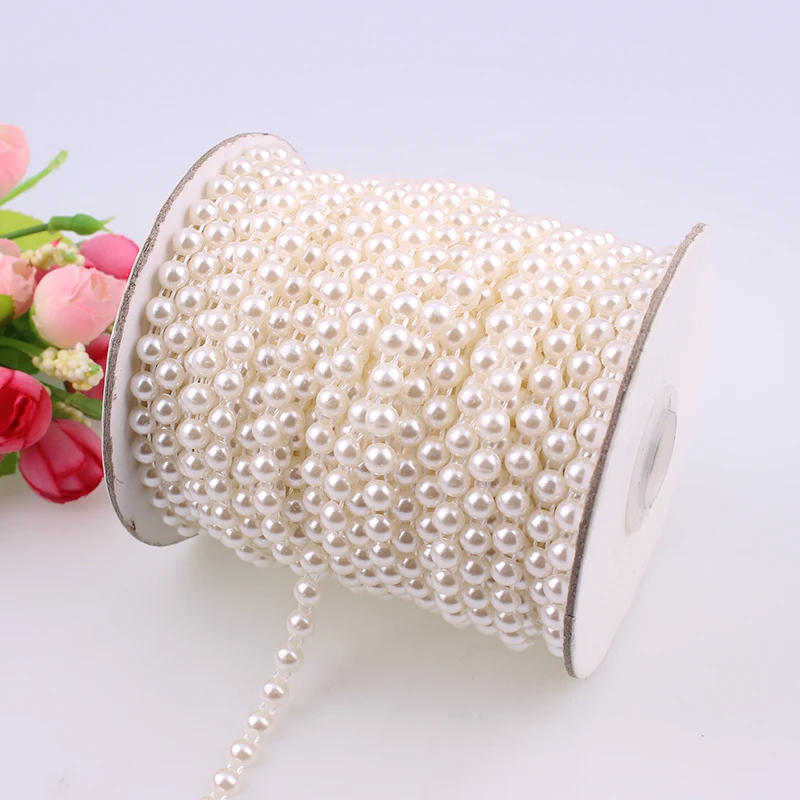 6mm 25m/lot White Ivory Half Pearl Chain Bead Trim Strass Wedding Pearl Decoration String/ Crafting DIY Accessory VX13