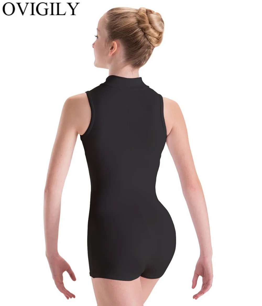 OVIGILY Women's Spandex Front Zip Turtleneck Biketard Black Gymnastics Unitards for Girls Sleeveless Ballet Dance Leotard