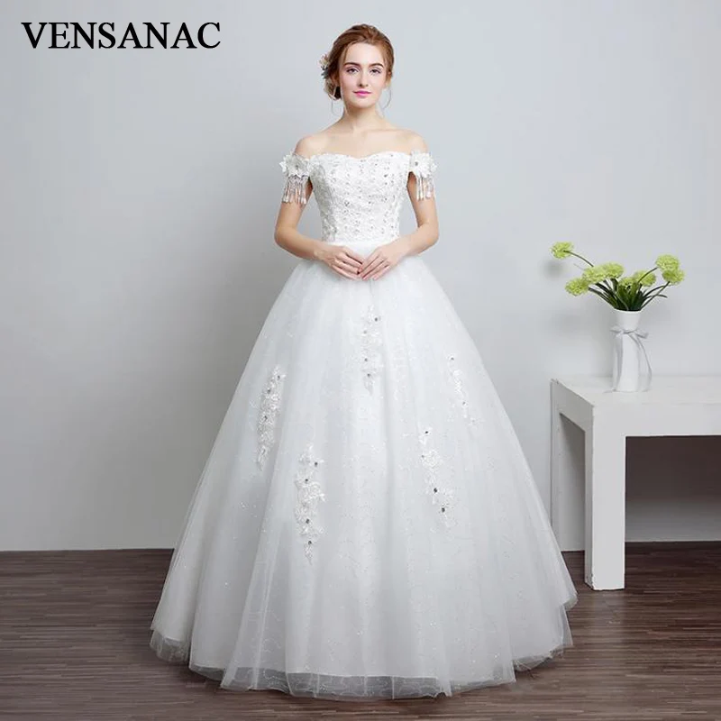 

VENSANAC Beading Tassel Short Sleeve Ball Gown Wedding Dresses Lace Flowers Appliques Sweetheart Sequined Bridal Gowns