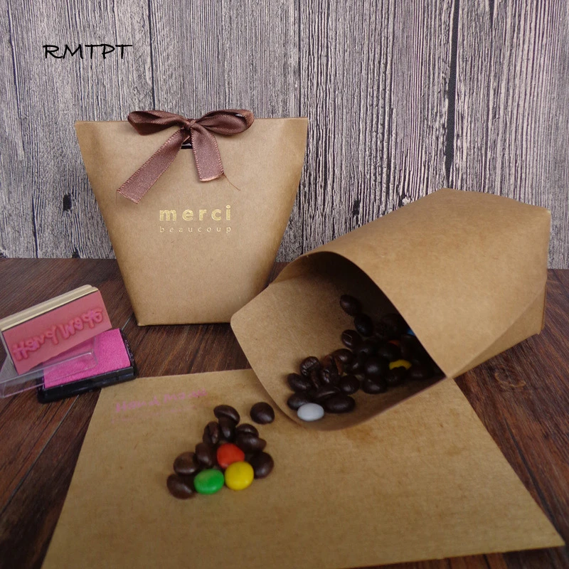 RMTPT 50pcs/lot Upscale Black White Kraft Papel "Merci" Gift Box  Wedding Favors Candy Bag Package Birthday Party Favor Boxes - Image 4