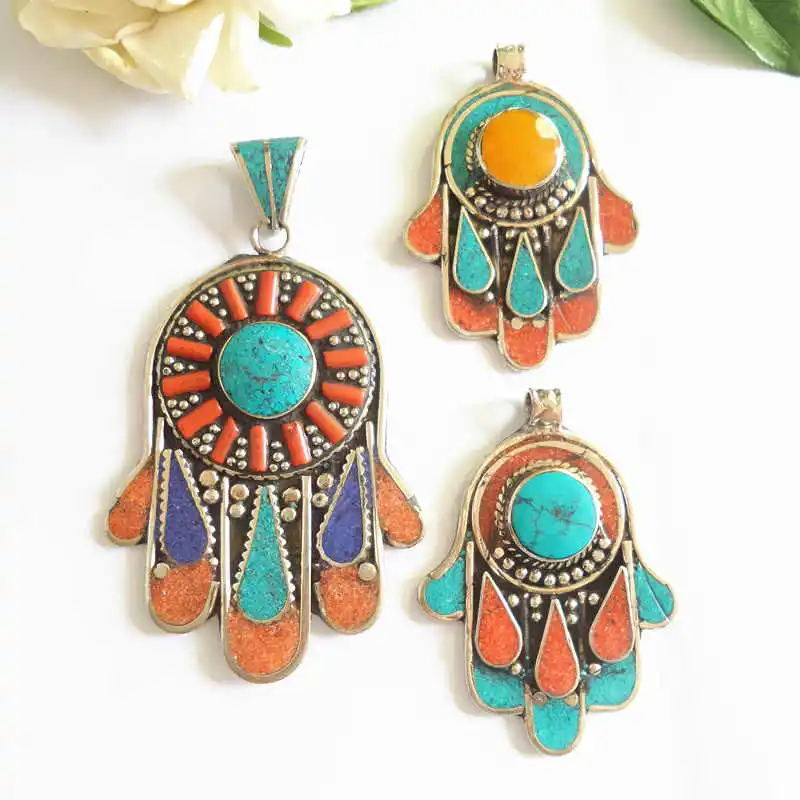 TBP301 Tibetan Buddha Hand Amulet Pendants Nepal Hand Vintage Jewelry Copper Inlaid Colorful Stone