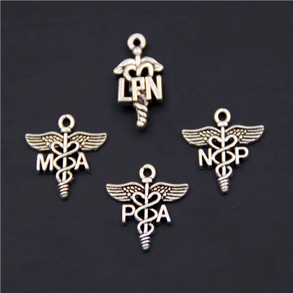 30pcs  Silver Color LPN Practical Nurse Medical Sign MA NP PA Charm DIY Necklace Bracelet Bangle Findings