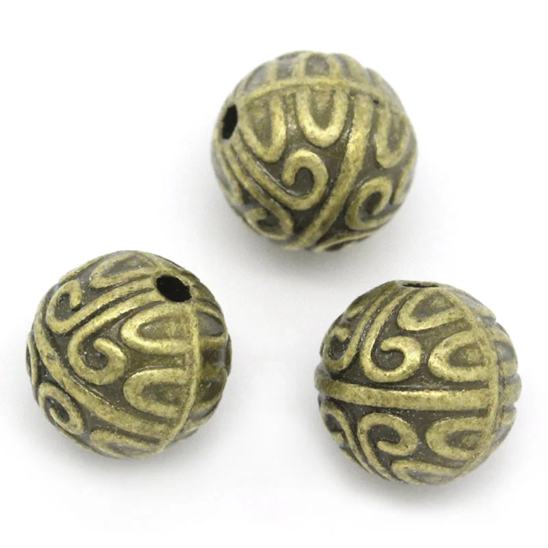 50 PCs Doreen Box Vintage Spacer Beads Round Ball Bronze Flower Carved 7mm Dia. Bead For DIY Jewelry Making Wholesale,Hole:1mm