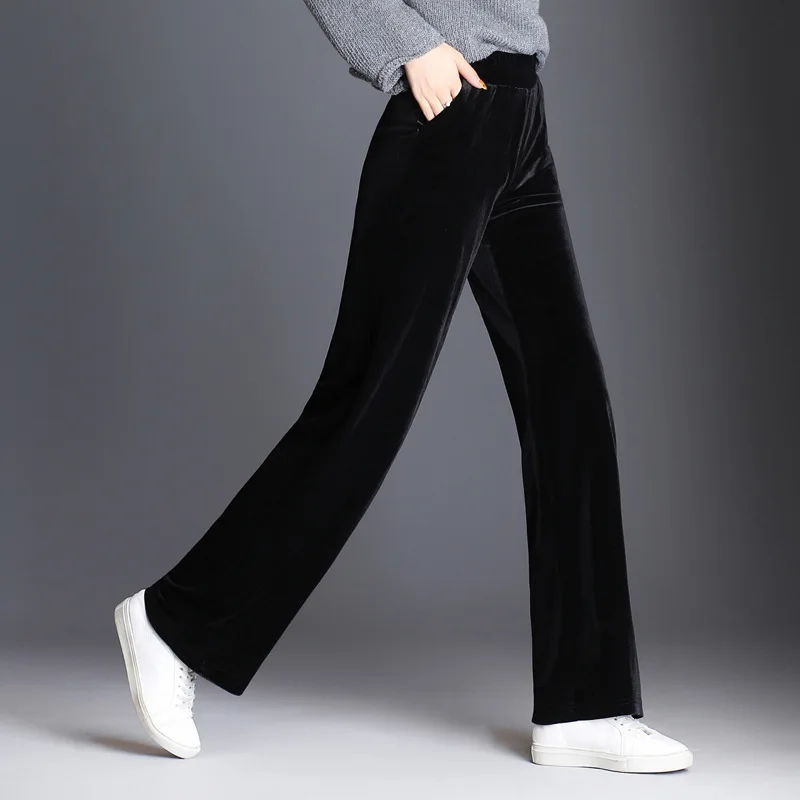 Fall Winter Fashion Women Wine Red Black Wide Leg Elastic High Waist Velvet Pants , Female Casual Womens Spring Velour Trousers