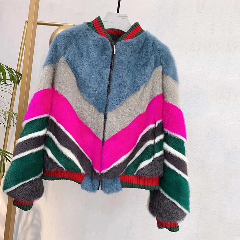 Ftangaiur Women Velvet Mink Fur Coat Striped Patchwork Contrast Color Mink Coats For Women's Short Real Mink Fur Coats