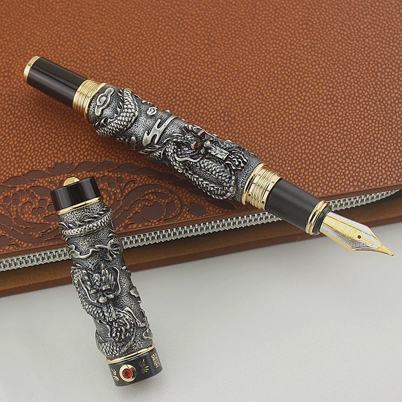 JINHAO GRAY FOUNTAIN PEN BROAD NIB DRAGON PLAY THE PEARL