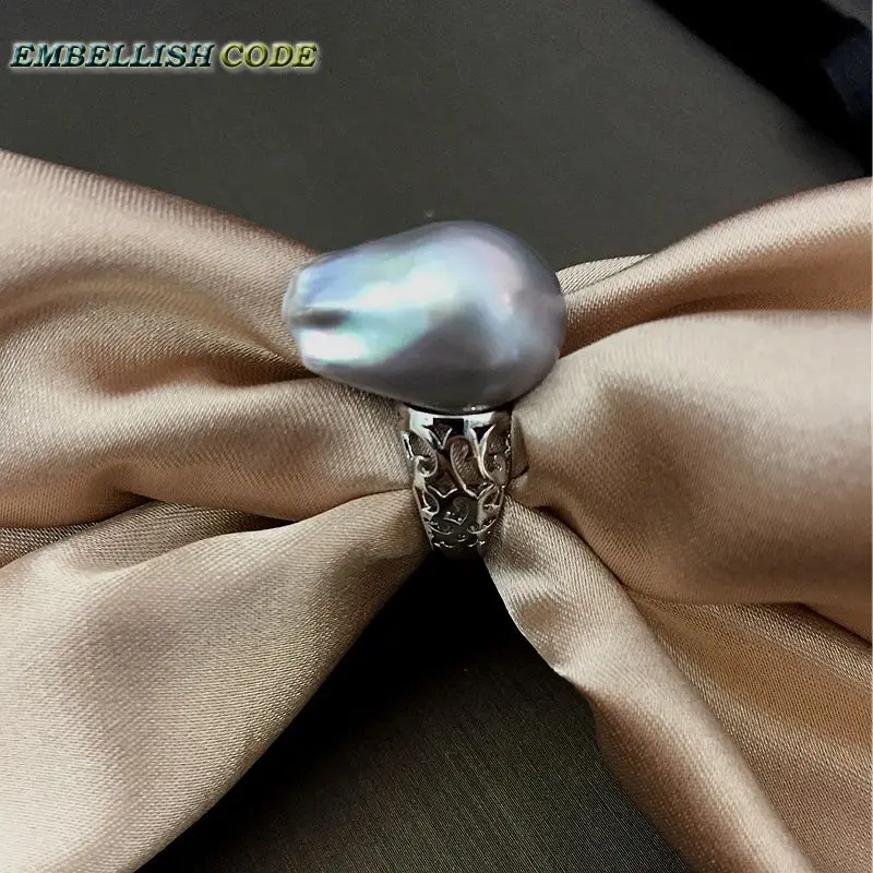 Adjustable size Resize baroque pearl 925 silver Ring simple classical gray Lustrous tissue nucleated fire ball flameball  women