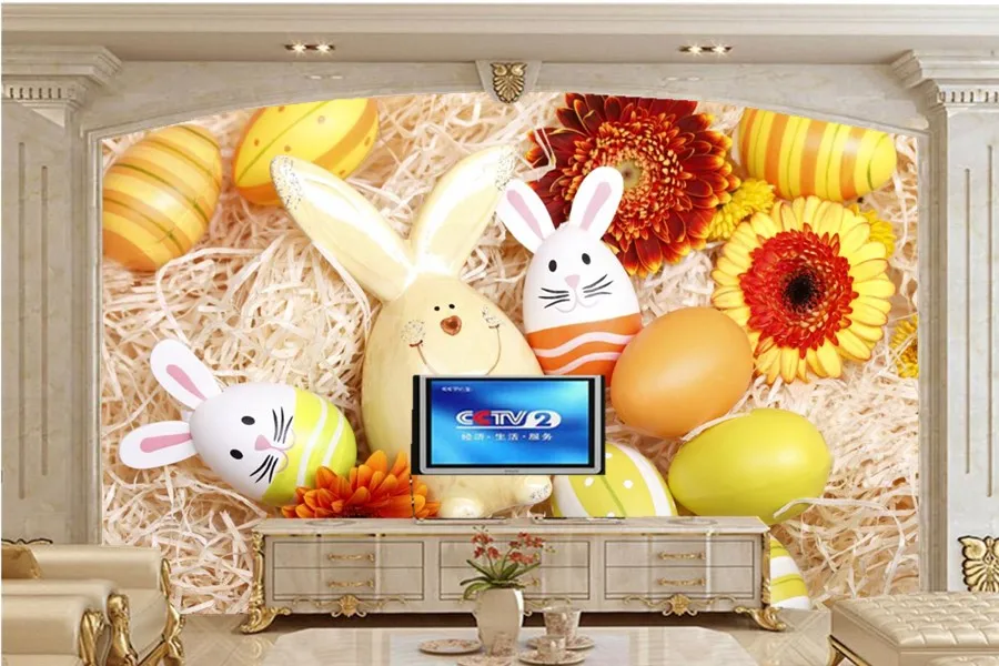 

Custom papel de parede,Holidays Easter Rabbits Gerberas Eggs wallpaper,restaurant living room sofa TV wall bedroom 3d wallpaper