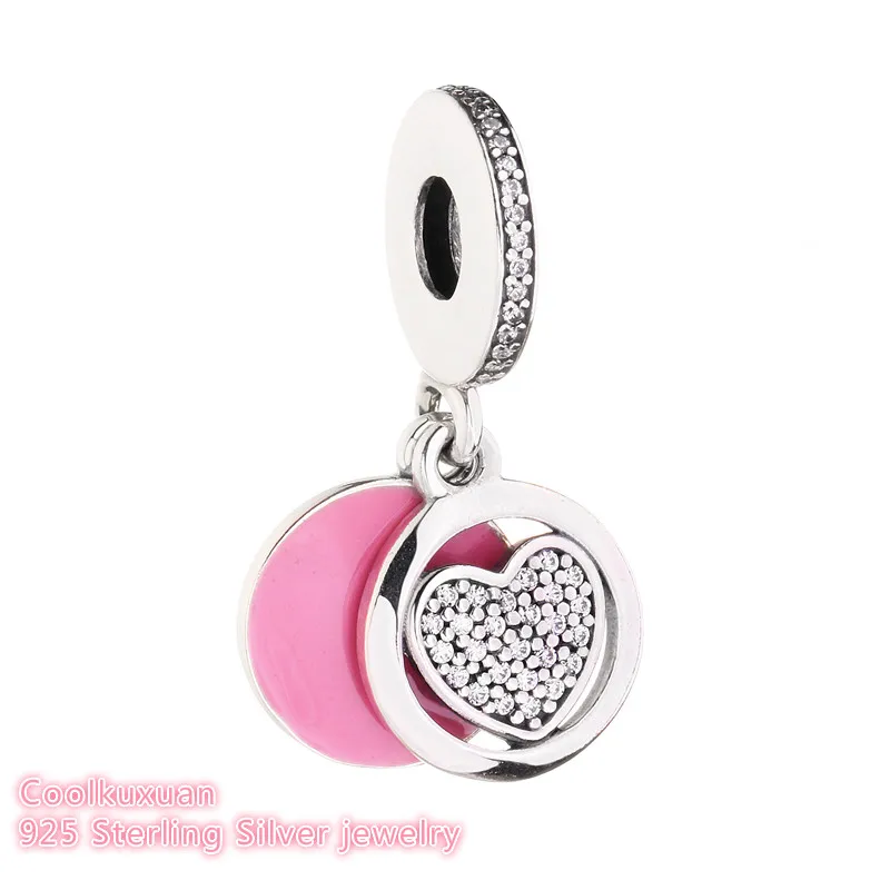 

Autumn 925 Sterling Silver Devoted Heart Dangle Charm, Pink Enamel & Clear CZ Beads Fit Original Pandora Charms Bracelet