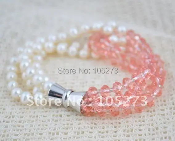 Stunning 4rows AA 4-7MM White Color Genuine Freshwater Pearl & pink Crystal Beads Bracelet 7.5inch Hot Sale New Free Shipping