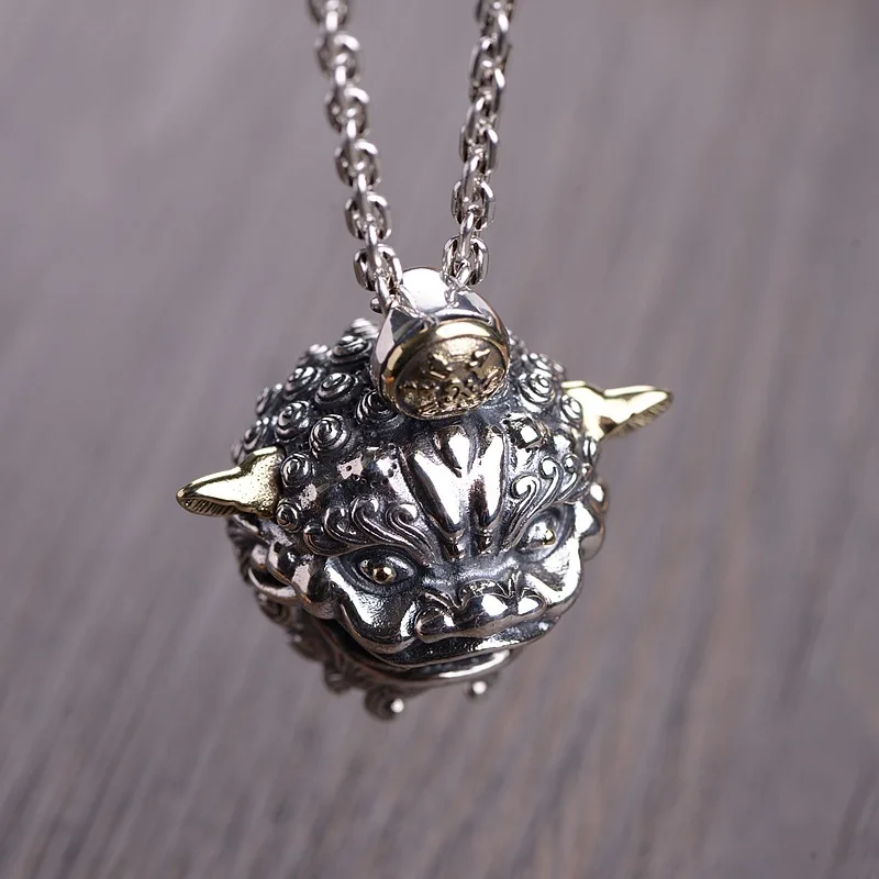 S925 silver retro craft male six-character truth-speaking beast bell pendant free shipping