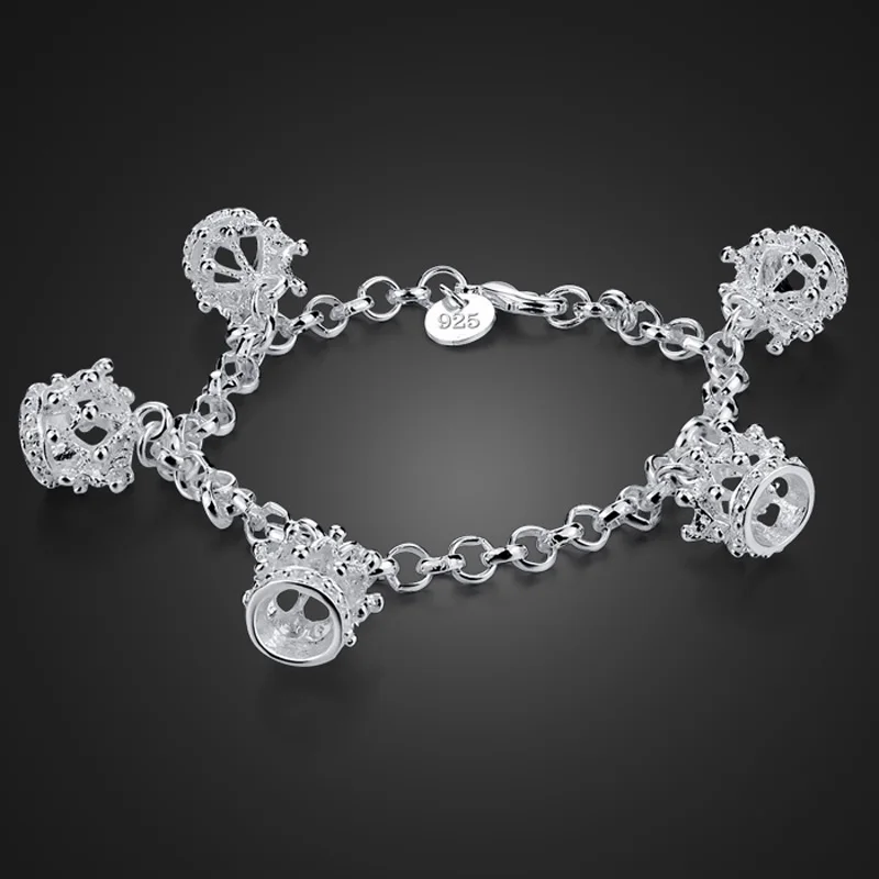 Solid 925 Sterling Silver Vintage Crown Bracelet for Women Dainty Thin Retro Chain Versatile Polished Chain Fine Wrist Jewelry
