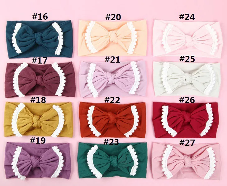 Bulk 120pc/lot New Solid Nylon Headband Bow Headbands Kids Children PomPom Trim Nylon Bows Headbands Girls Headwear