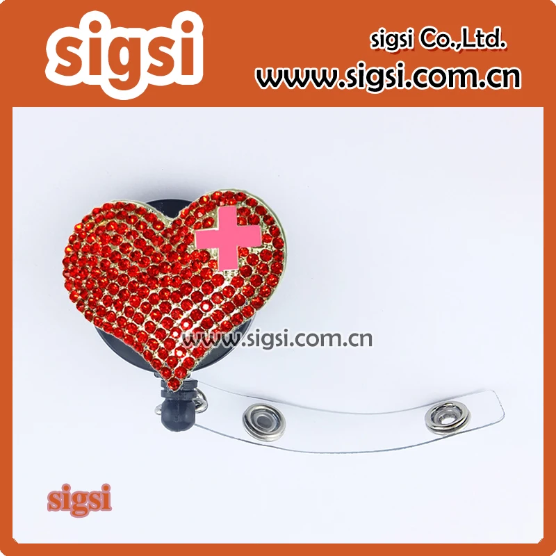 

100pcs rhinestone red heart with pink cross hospital ID badge reel/nurse id badge holder/name card holder