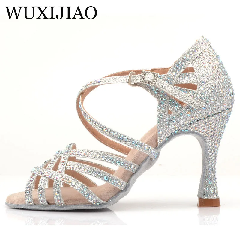 WUXIJIAO-zapatos de baile latino para mujer, calzado de salón con diamantes de imitación, color azul plateado, tacón alto de perla de 9cm, Software