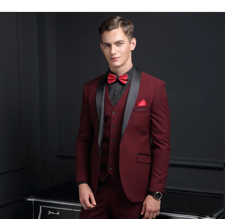 Handsome Groomsmen Wool blend Groom Tuxedos Mens Wedding Dress Man Jacket Blazer Prom Dinner (Jacket+Pants+Tie+Vest) A49