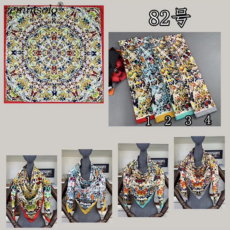 100% Silk Scarf Women Large Shawls Floral Printed Stoles Square Bandana Luxury Brand Kerchief Scarves Female Foulards 130*130cm