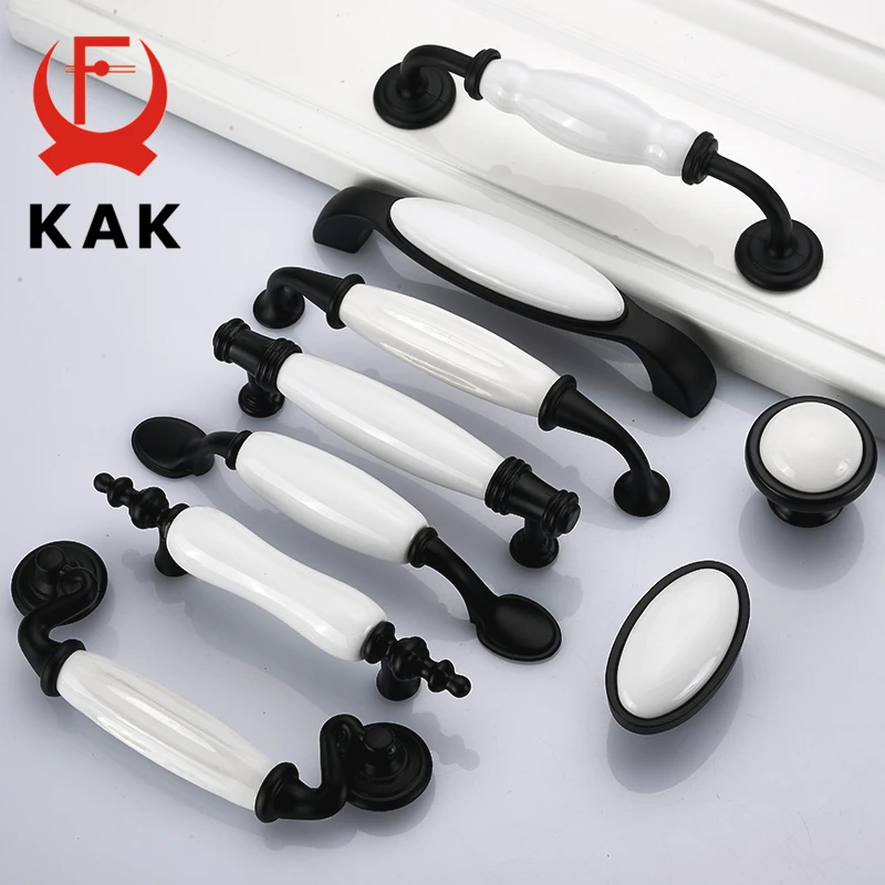 KAK Ceramic Black White Cabinet Handles Drawer Knobs Zinc Alloy Wardrobe Door Handles Pulls Simple European Furniture Handle