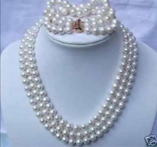 

Wonderful new 3ROW 7-8MM WHITE PEARL NECKLACE & BRACELETS set ^^^@^Noble style Natural Fine jewe FREE SHIPPING