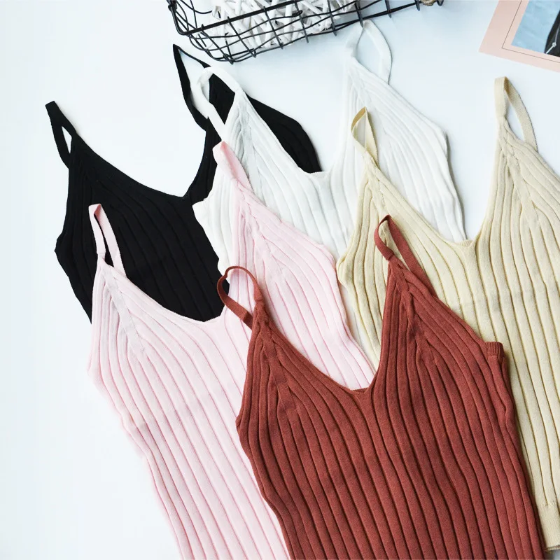 

New Spring Top Knitted Tank tops Women Slim Sleeveless Sexy V Neck T-shirt Vest Female Casual Camis Streetwear D354