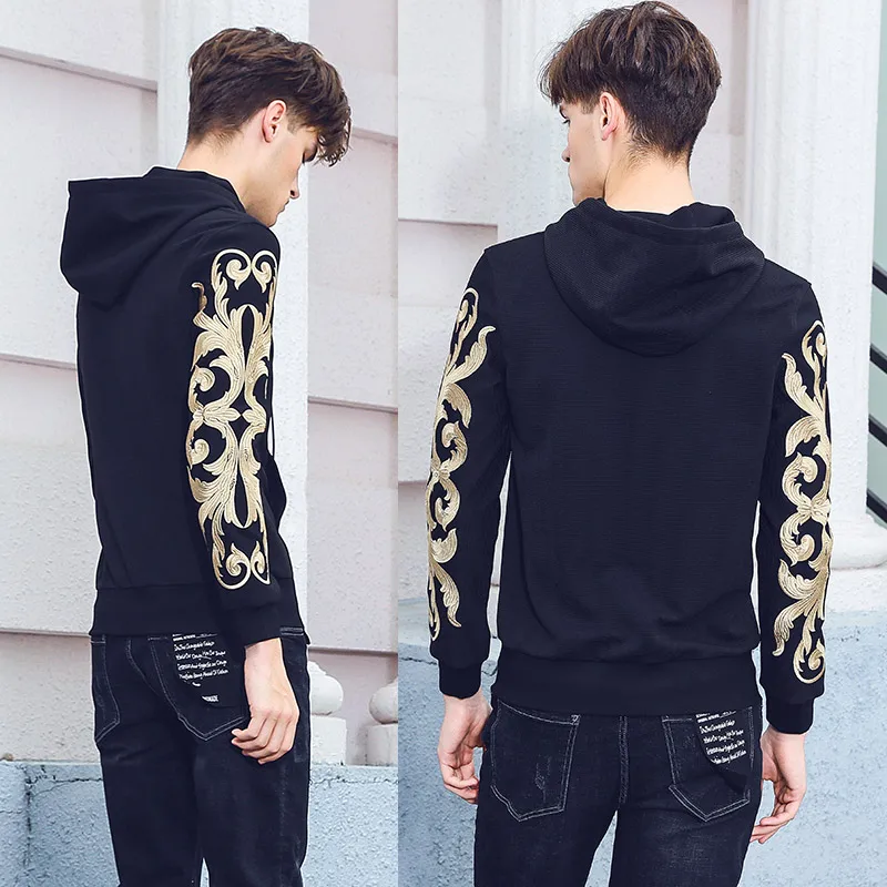 Fanzhuan New Free Shipping fashion casual Men's male man 2018 Spring autumn Baroque Embroidered Hooded Sweatshirt Black 815085