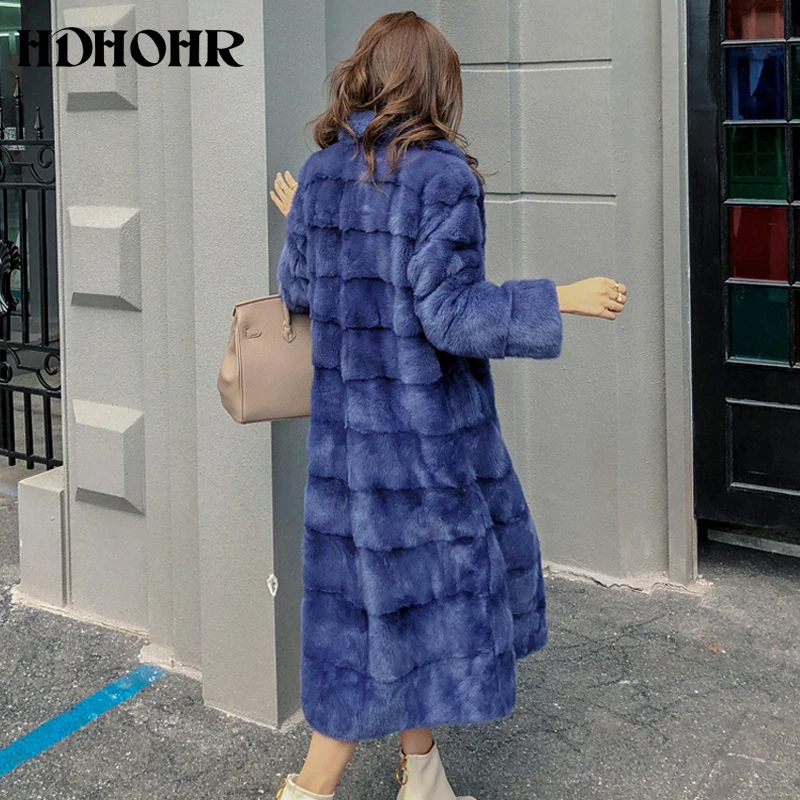 HDHOHR 2025 abrigo largo X de piel de visón entera Real venta directa de fábrica chaqueta de invierno delgada y cálida de piel de visón para mujer chaqueta larga con cuello vuelto