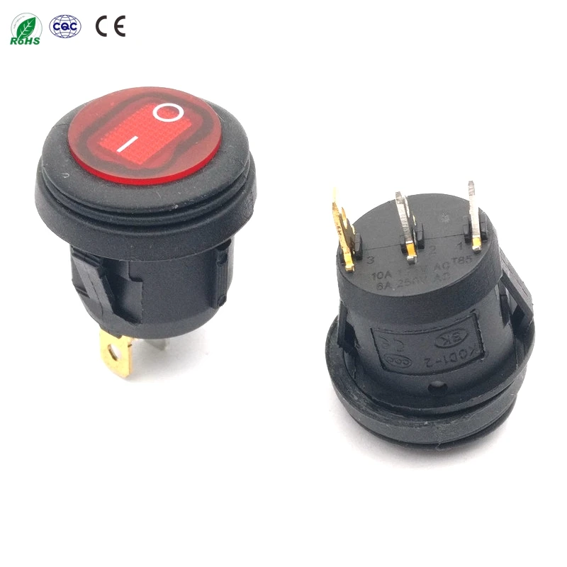 10pcs 3Pin 20mm On-Off SPST Round Copper Boat Rocker Switch Waterproof Cap Red LED Light 6A 250VAC 10A 125V